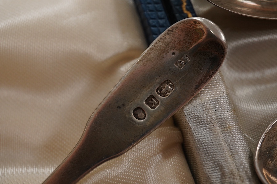 A cased harlequin set of six 19th century silver teaspoons, various dates, patterns and makers, 3.8oz. Condition - fair